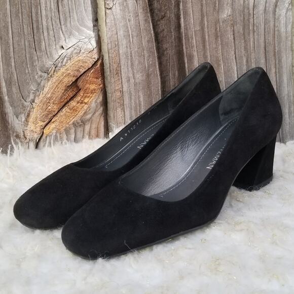 Classic Square Toe Pumps Stuart Weitzman Marymid Size 5 Black Suede Leather Heel - Picture 4 of 13